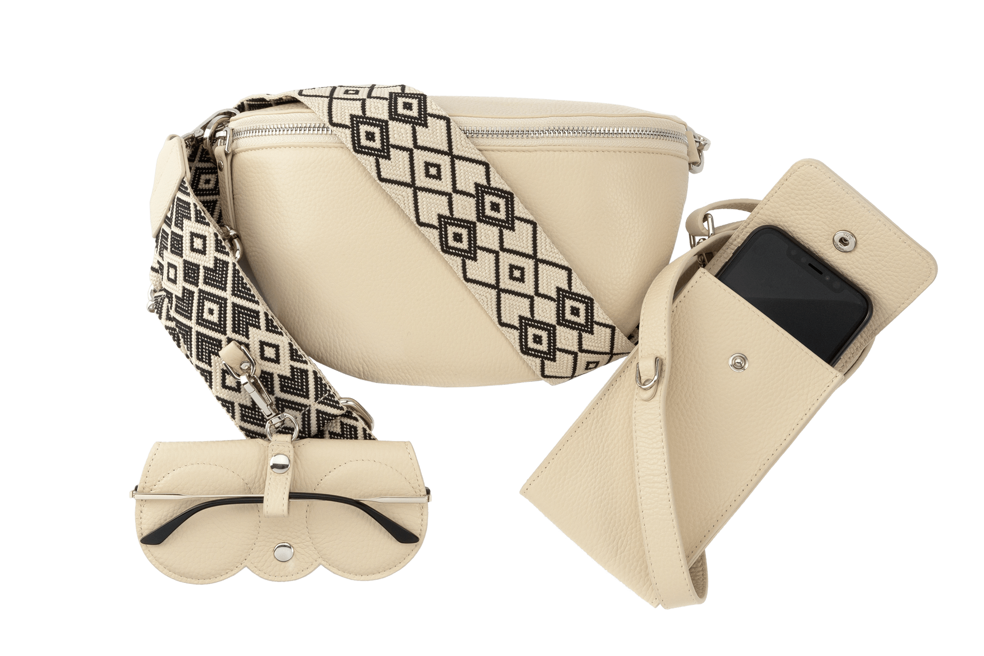 Crossbody bag set beige leer